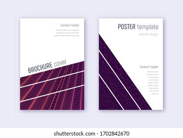 Geometric cover design template set. Violet abstract lines on dark background. Captivating cover design. Majestic catalog, poster, book template etc.