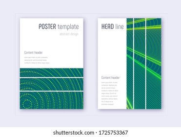 Conjunto de plantillas de diseño de portada geométrica. Líneas abstractas verdes sobre fondo oscuro. Hermoso diseño de portada. Tentador catálogo, afiche, plantilla de libro, etc.