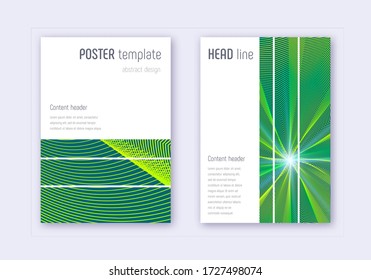 Geometric cover design template set. Green abstract lines on dark background. Beautiful cover design. Valuable catalog, poster, book template etc.