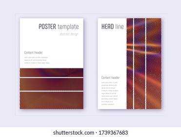 Geometric cover design template set. Orange abstract lines on wine red background. Bewitching cover design. Ravishing catalog, poster, book template etc.