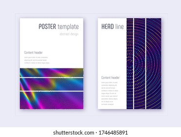 Geometric cover design template set. Rainbow abstract lines on dark blue background. Bewitching cover design. Unusual catalog, poster, book template etc.
