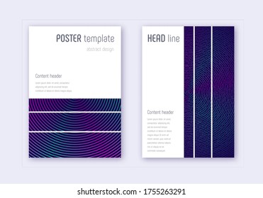Geometric cover design template set. Neon abstract lines on dark blue background. Bewitching cover design. Bizarre catalog, poster, book template etc.