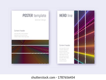 Geometric cover design template set. Rainbow abstract lines on wine red background. Bizarre cover design. Gorgeous catalog, poster, book template etc.