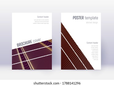 Designvorlage für geometrische Cover. Goldene abstrakte Linien auf Maronhintergrund. Atemberaubendes Cover-Design. Fantastischer Katalog, Poster, Buchvorlage etc.