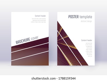 Geometric cover design template set. Gold abstract lines on maroon background. Bold cover design. Vibrant catalog, poster, book template etc.