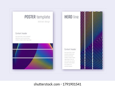Geometric cover design template set. Rainbow abstract lines on dark blue background. Bizarre cover design. Classy catalog, poster, book template etc.