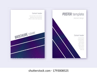 Geometric cover design template set. Neon abstract lines on dark blue background. Breathtaking cover design. Magnificent catalog, poster, book template etc.