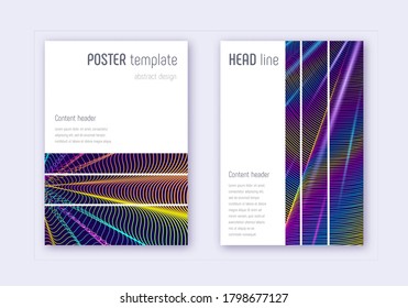 Conjunto de plantillas de diseño de portada geométrica. Líneas abstractas del arcoiris sobre fondo azul oscuro. Diseño bizarro de la cubierta. Catálogo, afiche, plantilla de libro, etc.