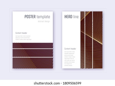 Geometric cover design template set. Gold abstract lines on maroon background. Beautiful cover design. Grand catalog, poster, book template etc.