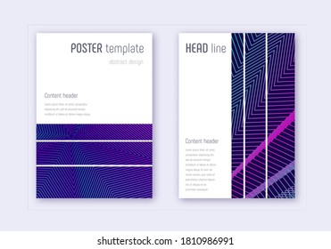 Geometric cover design template set. Neon abstract lines on dark blue background. Bewitching cover design. Decent catalog, poster, book template etc.
