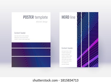 Geometric cover design template set. Rainbow abstract lines on dark blue background. Bewitching cover design. Worthy catalog, poster, book template etc.