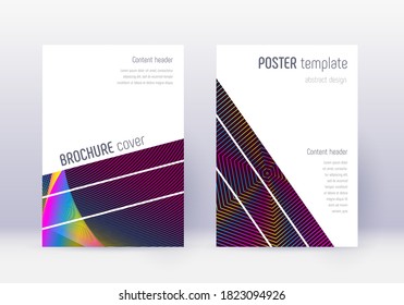 Geometric cover design template set. Rainbow abstract lines on wine red background. Captivating cover design. Alluring catalog, poster, book template etc.