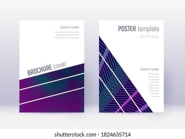 Geometric cover design template set. Neon abstract lines on dark blue background. Breathtaking cover design. Majestic catalog, poster, book template etc.
