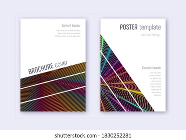 Designvorlage für geometrische Cover. Abstrakte Regenbogen-Linien auf weinrotem Hintergrund. Brillantes Cover-Design. Einzigartiger Katalog, Poster, Buchvorlage etc.