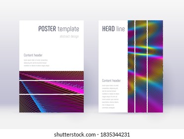 Geometric cover design template set. Rainbow abstract lines on wine red background. Bizarre cover design. Imaginative catalog, poster, book template etc.