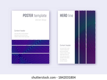 Geometric cover design template set. Neon abstract lines on dark blue background. Bewitching cover design. Exceptional catalog, poster, book template etc.