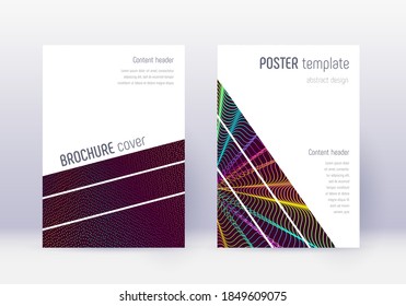 Geometric cover design template set. Rainbow abstract lines on wine red background. Brilliant cover design. Radiant catalog, poster, book template etc.