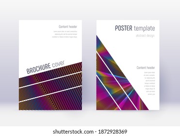 Geometric cover design template set. Rainbow abstract lines on wine red background. Brilliant cover design. Surprising catalog, poster, book template etc.