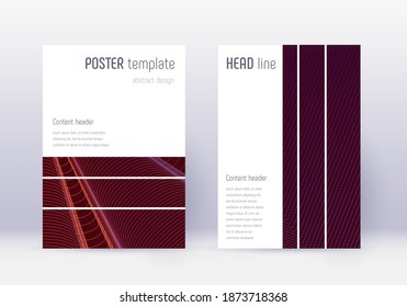 Geometric cover design template set. Orange abstract lines on wine red background. Bewitching cover design. Lively catalog, poster, book template etc.