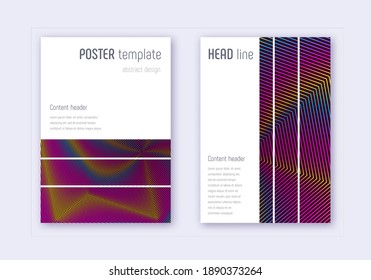 Geometric cover design template set. Rainbow abstract lines on wine red background. Bizarre cover design. Exotic catalog, poster, book template etc.