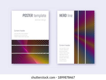 Geometric cover design template set. Rainbow abstract lines on wine red background. Bizarre cover design. Eminent catalog, poster, book template etc.