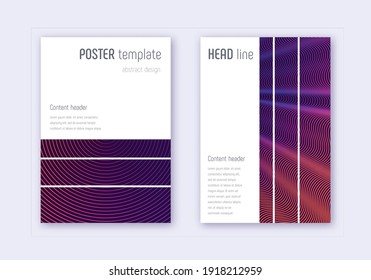 Conjunto de plantillas de diseño de portada geométrica. Líneas abstractas violetas sobre fondo oscuro. Diseño de portada negrita. Catálogo, afiche, plantilla de libro, etc.