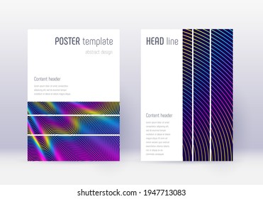 Geometric cover design template set. Rainbow abstract lines on dark blue background. Bewitching cover design. Tempting catalog, poster, book template etc.