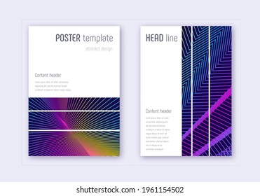 Geometric cover design template set. Rainbow abstract lines on dark blue background. Bewitching cover design. Splendid catalog, poster, book template etc.