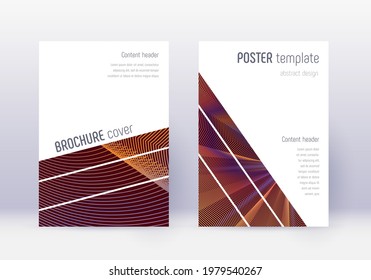 Geometric cover design template set. Orange abstract lines on wine red background. Brilliant cover design. Eminent catalog, poster, book template etc.