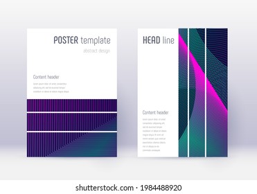 Geometric cover design template set. Neon abstract lines on dark blue background. Bewitching cover design. Beauteous catalog, poster, book template etc.