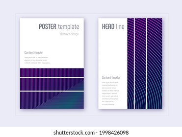 Geometric cover design template set. Neon abstract lines on dark blue background. Bewitching cover design. Dramatic catalog, poster, book template etc.