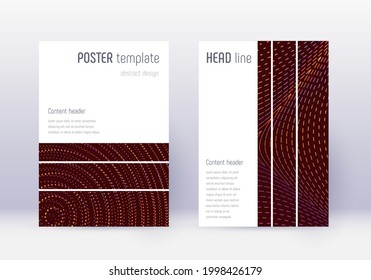 Geometric cover design template set. Orange abstract lines on wine red background. Bewitching cover design. Good-looking catalog, poster, book template etc.
