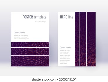 Geometric cover design template set. Violet abstract lines on dark background. Bold cover design. Classy catalog, poster, book template etc.