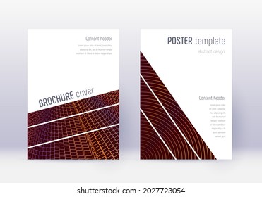 Geometric cover design template set. Orange abstract lines on wine red background. Brilliant cover design. Delicate catalog, poster, book template etc.