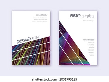 Geometric cover design template set. Rainbow abstract lines on wine red background. Brilliant cover design. Uncommon catalog, poster, book template etc.