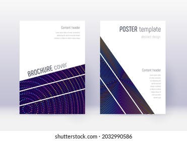 Geometric cover design template set. Rainbow abstract lines on dark blue background. Brilliant cover design. Glamorous catalog, poster, book template etc.