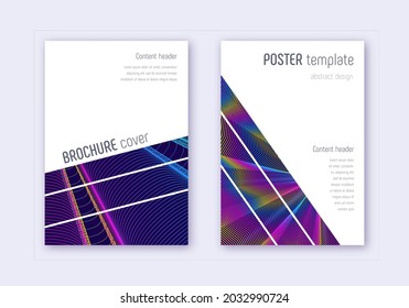 Geometric cover design template set. Rainbow abstract lines on dark blue background. Brilliant cover design. Magnetic catalog, poster, book template etc.