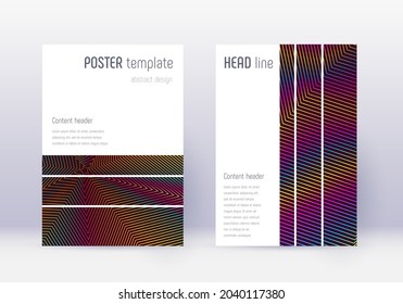 Geometric cover design template set. Rainbow abstract lines on wine red background. Bizarre cover design. Indelible catalog, poster, book template etc.