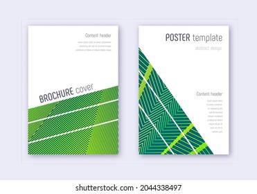 Geometric cover design template set. Green abstract lines on dark background. Breathtaking cover design. Exceptional catalog, poster, book template etc.