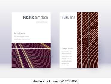 Geometric cover design template set. Gold abstract lines on maroon background. Beautiful cover design. Memorable catalog, poster, book template etc.