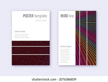 Geometric cover design template set. Rainbow abstract lines on wine red background. Bizarre cover design. Excellent catalog, poster, book template etc.