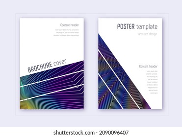 Geometric cover design template set. Rainbow abstract lines on dark blue background. Brilliant cover design. Impressive catalog, poster, book template etc.