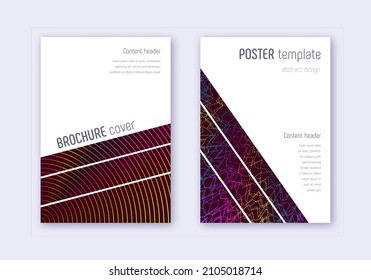Geometric cover design template set. Rainbow abstract lines on wine red background. Captivating cover design. Admirable catalog, poster, book template etc.