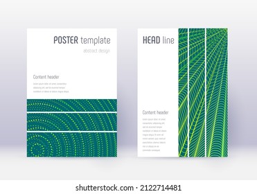 Geometric cover design template set. Green abstract lines on dark background. Beautiful cover design. Superb catalog, poster, book template etc.