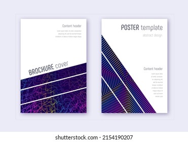 Conjunto de plantillas de diseño de portada geométrica. Líneas abstractas del arcoiris sobre fondo azul oscuro. Diseño de portada brillante. Encantador catálogo, afiche, plantilla de libro, etc.
