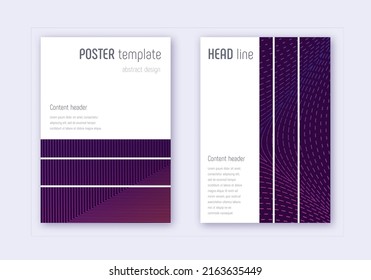 Geometric cover design template set. Violet abstract lines on dark background. Bold cover design. Comely catalog, poster, book template etc.