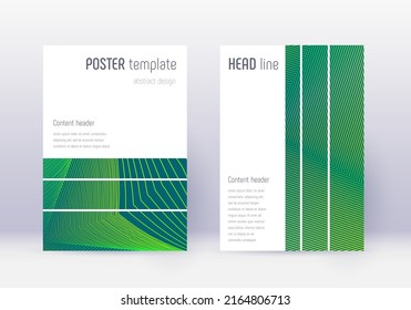 Conjunto de plantillas de diseño de portada geométrica. Líneas abstractas verdes sobre fondo oscuro. Hermoso diseño de portada. Catálogo abrumador, afiche, plantilla de libro, etc.