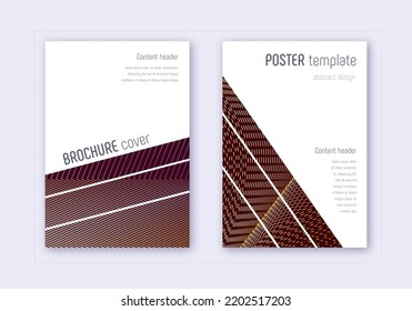 Geometric Cover Design Template Set. Gold Abstract Lines On Maroon Background. Bold Cover Design. Symmetrical Catalog, Poster, Book Template Etc.