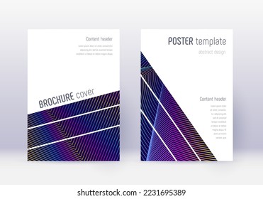 Geometric cover design template set. Rainbow abstract lines on dark blue background. Brilliant cover design. Modern catalog, poster, book template etc.