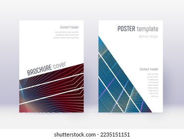 Geometric cover design template set. Red abstract lines on white blue background. Captivating cover design. Cute catalog, poster, book template etc.